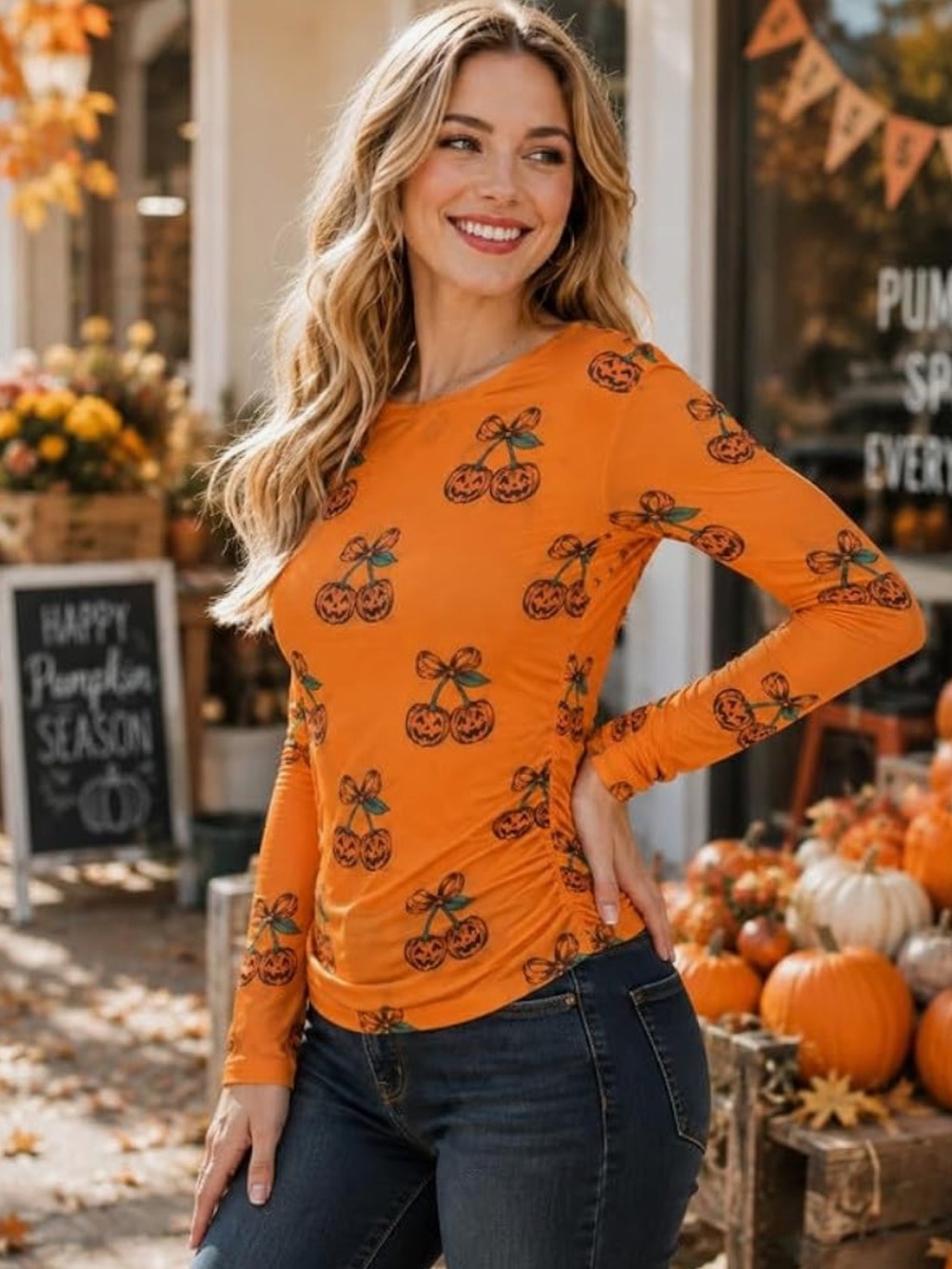 Mesh Orange Pumpkin Print Long Sleeve Ruched Top - Picture 3 of 6